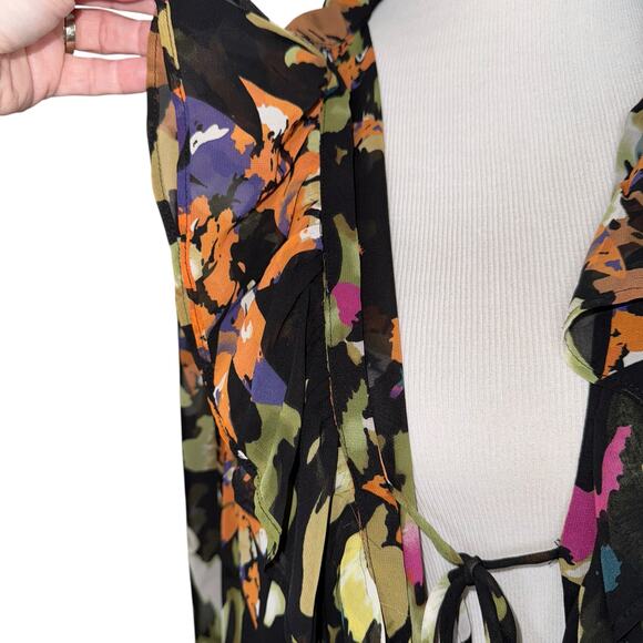 Cabi Multicolor Floral Cascade Ruffle and Tie Front Semi Sheer Top/Tunic-Medium - Picture 4 of 10